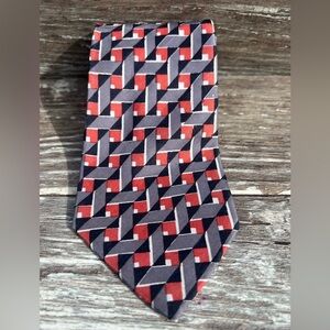 Folina vintage necktie formal men’s tie red silver black basket weave print silk